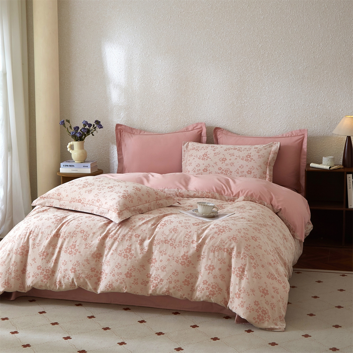 91家纺网 家纺一手货源 找家纺 曼秀琳家纺 2026新款全棉纯棉色织大提花四件套 花之梦-粉