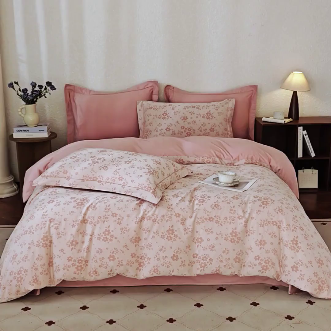 91家纺网 家纺一手货源 找家纺 曼秀琳家纺 2026新款全棉纯棉色织大提花四件套 花之梦-粉