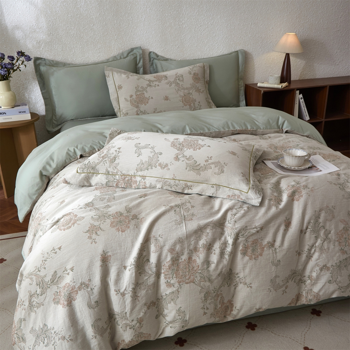 91家纺网 家纺一手货源 找家纺 曼秀琳家纺 2026新款全棉纯棉色织大提花四件套 简意-肉粉