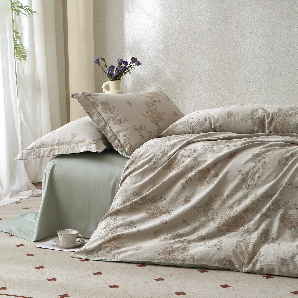 91家纺网 家纺一手货源 找家纺 曼秀琳家纺 2026新款全棉纯棉色织大提花四件套 简意-肉粉