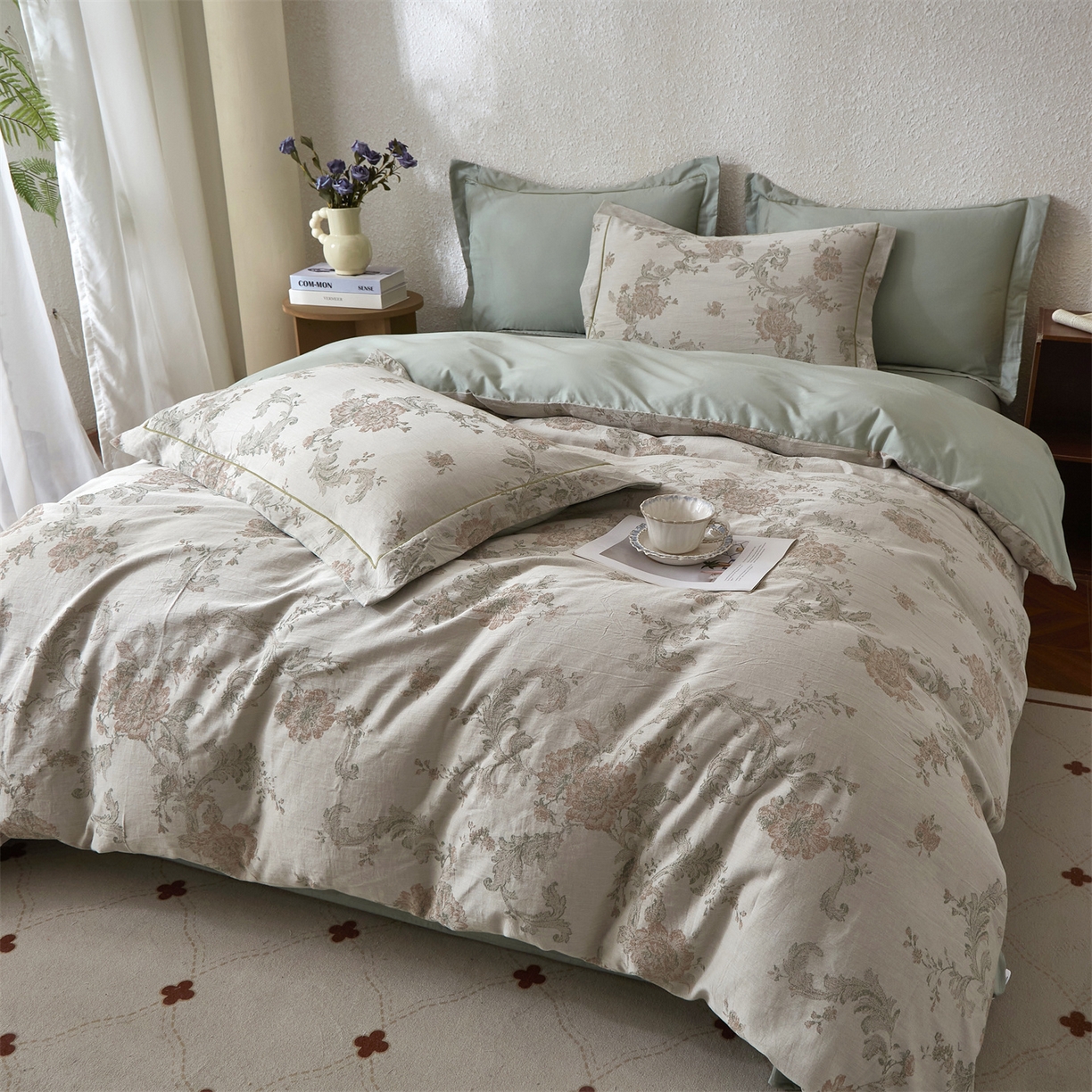 91家纺网 家纺一手货源 找家纺 曼秀琳家纺 2026新款全棉纯棉色织大提花四件套 简意-肉粉