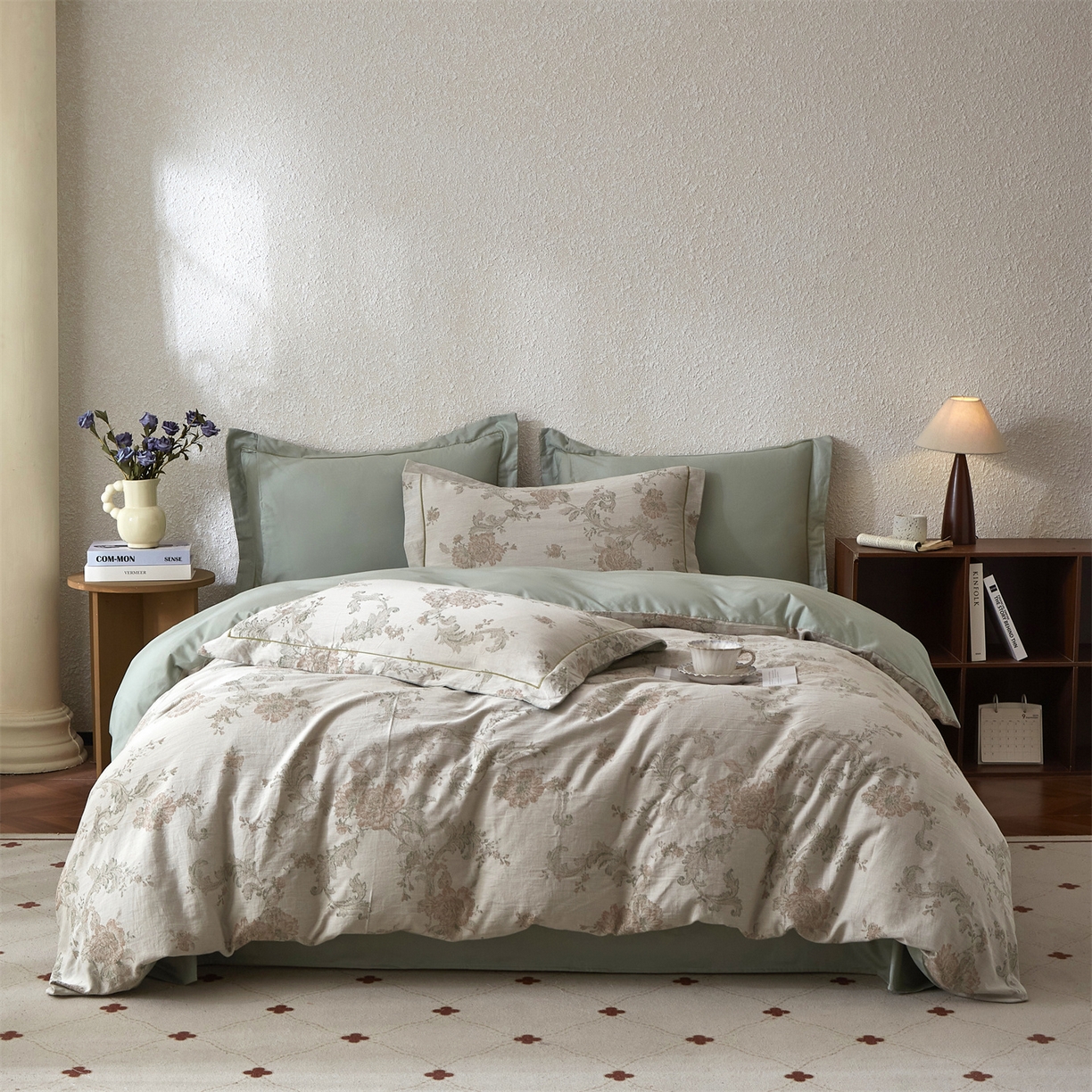 91家纺网 家纺一手货源 找家纺 曼秀琳家纺 2026新款全棉纯棉色织大提花四件套 简意-肉粉