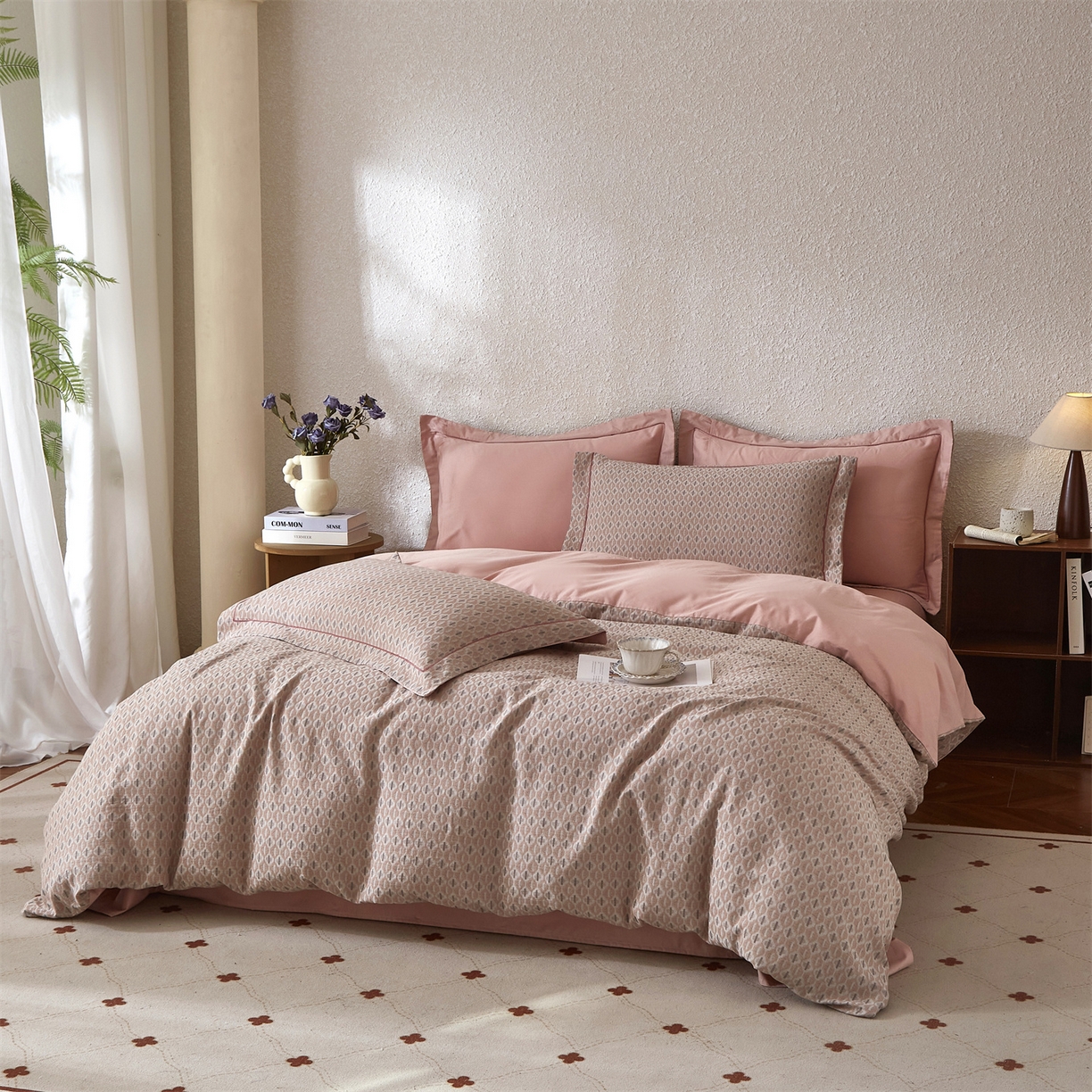 91家纺网 家纺一手货源 找家纺 曼秀琳家纺 2026新款全棉纯棉色织大提花四件套 克汀-粉灰