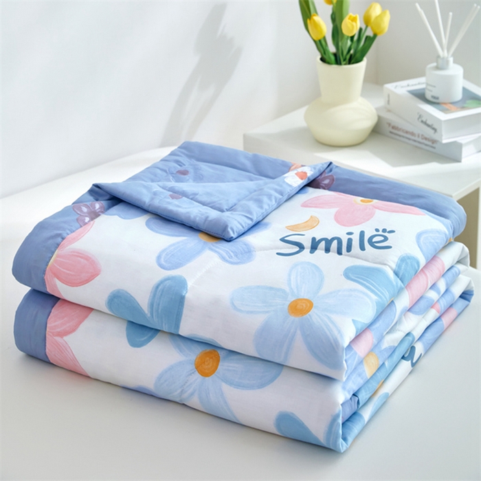 黛妮雅 2026新款全棉夏被四件套单件夏被单双人空调被学生夏凉被 浅浅花漾-蓝