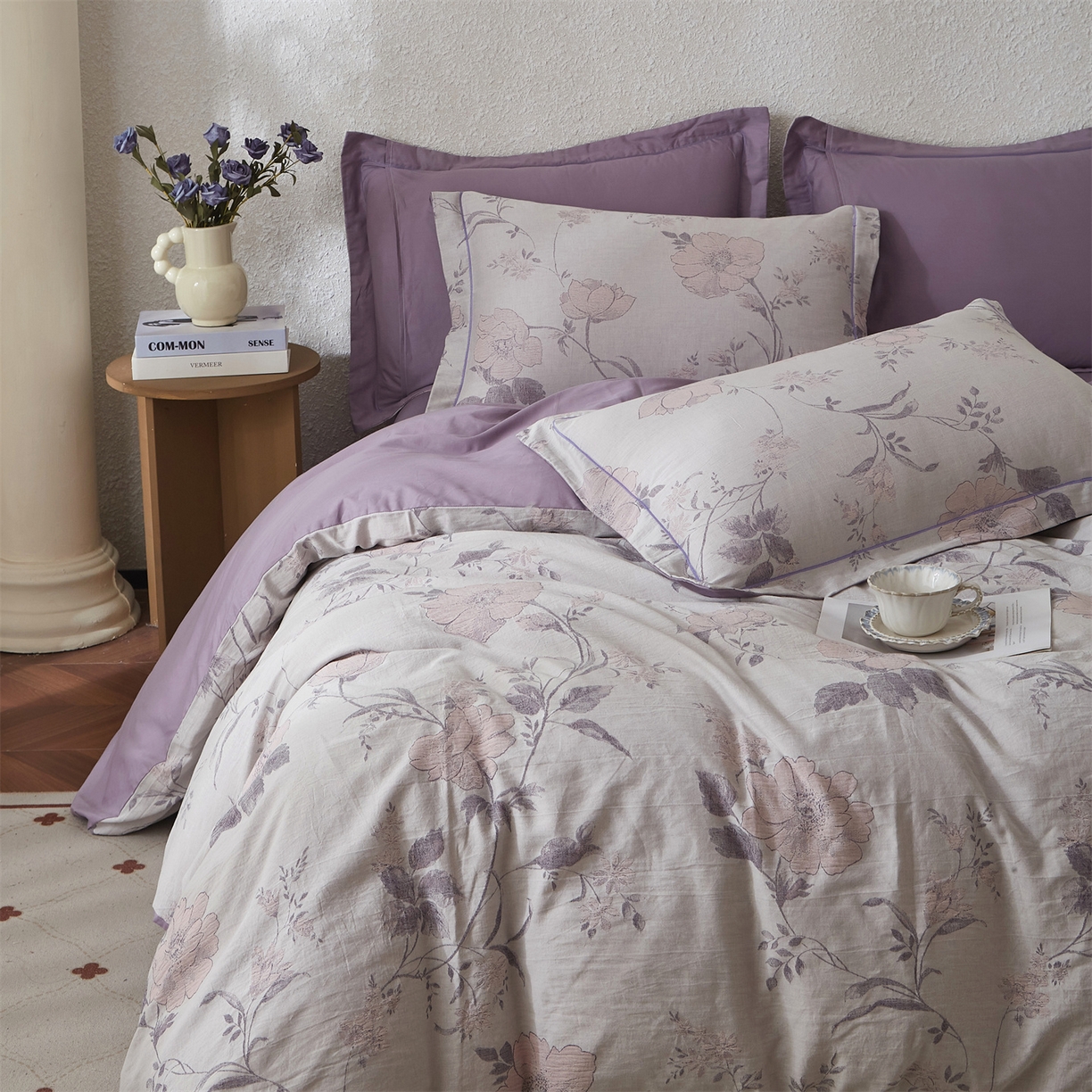 91家纺网 家纺一手货源 找家纺 曼秀琳家纺 2026新款全棉纯棉色织大提花四件套 兰横疏影-兰粉