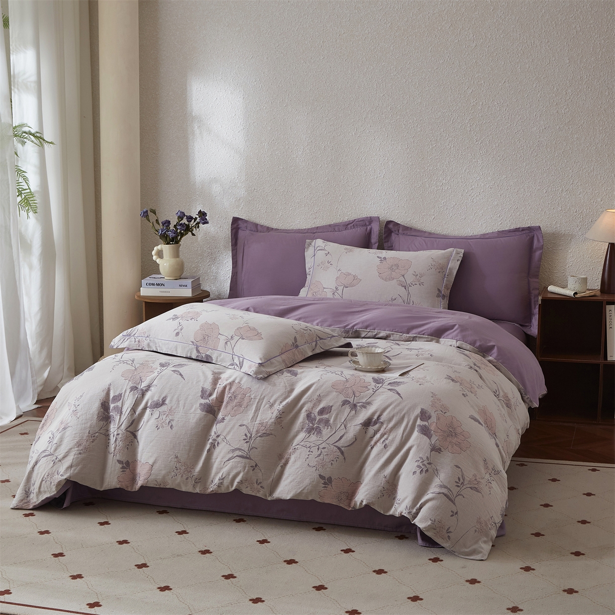 91家纺网 家纺一手货源 找家纺 曼秀琳家纺 2026新款全棉纯棉色织大提花四件套 兰横疏影-兰粉