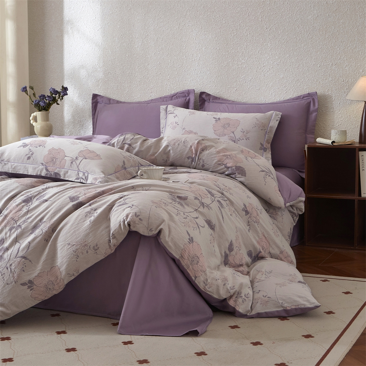 91家纺网 家纺一手货源 找家纺 曼秀琳家纺 2026新款全棉纯棉色织大提花四件套 兰横疏影-兰粉