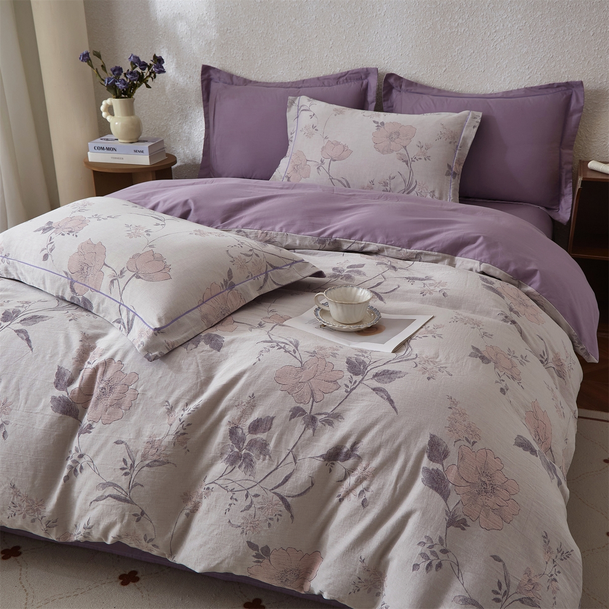 91家纺网 家纺一手货源 找家纺 曼秀琳家纺 2026新款全棉纯棉色织大提花四件套 兰横疏影-兰粉