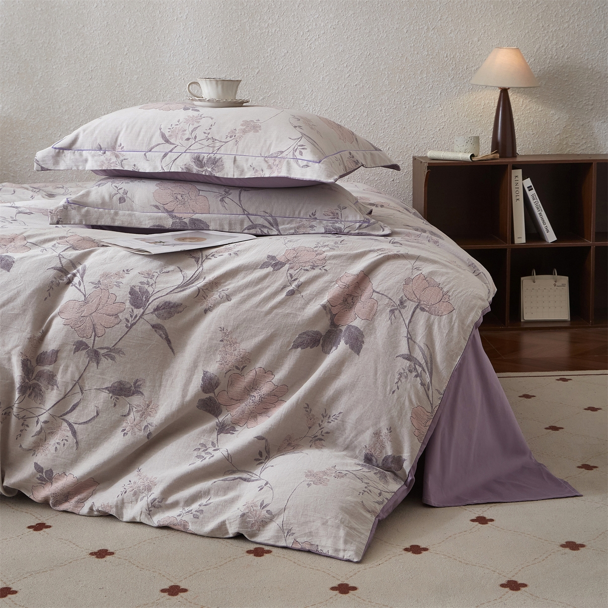 91家纺网 家纺一手货源 找家纺 曼秀琳家纺 2026新款全棉纯棉色织大提花四件套 兰横疏影-兰粉