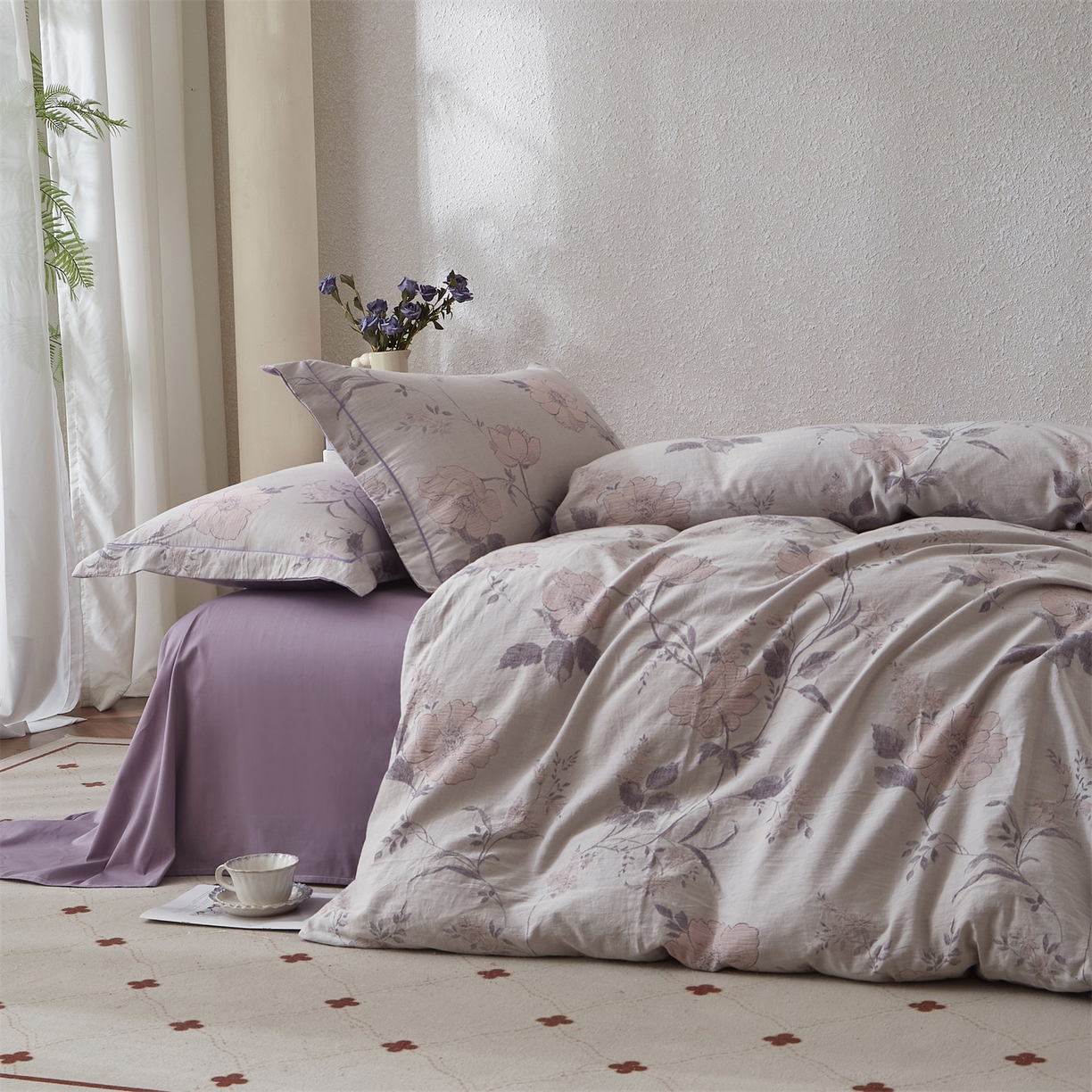 91家纺网 家纺一手货源 找家纺 曼秀琳家纺 2026新款全棉纯棉色织大提花四件套 兰横疏影-兰粉