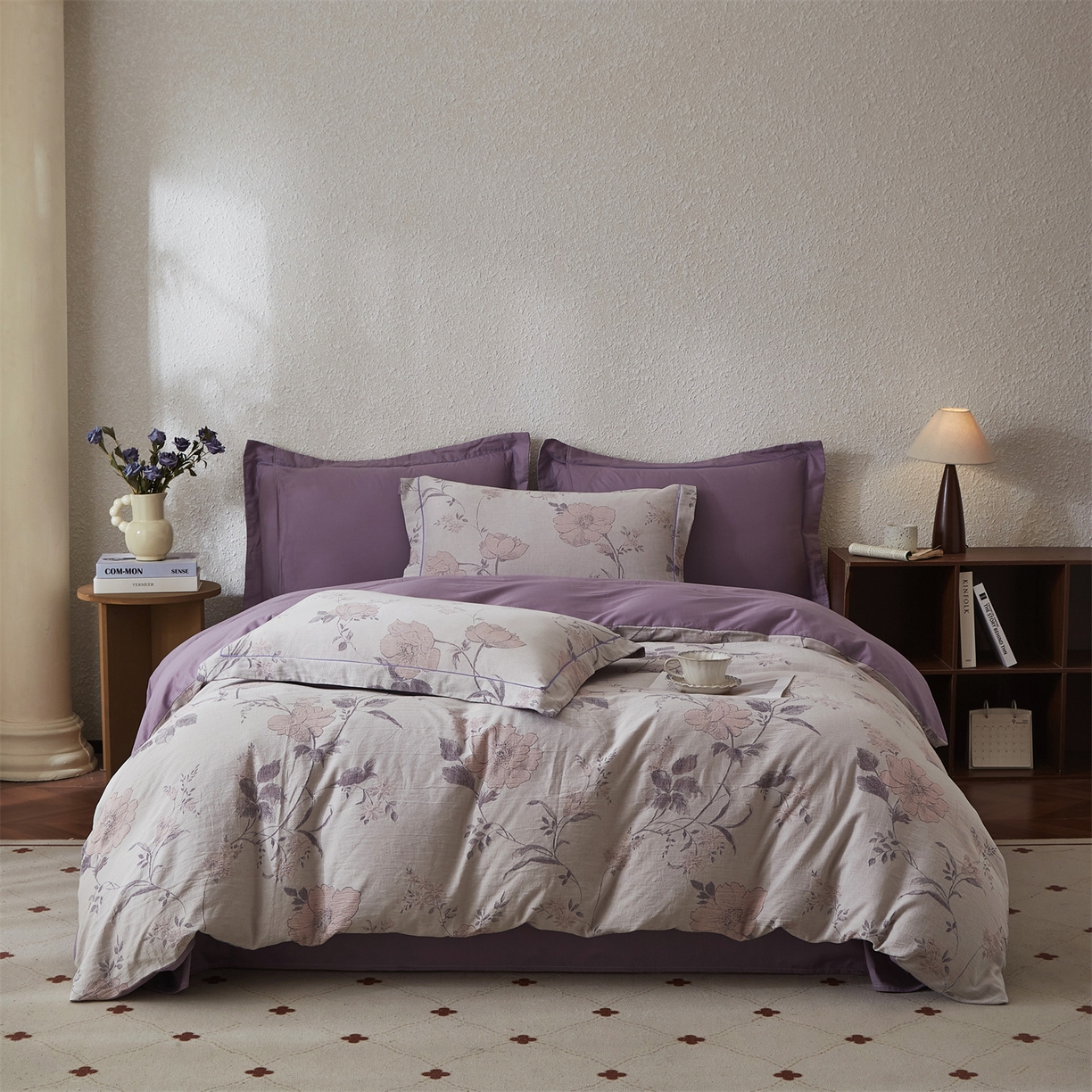 91家纺网 家纺一手货源 找家纺 曼秀琳家纺 2026新款全棉纯棉色织大提花四件套 兰横疏影-兰粉