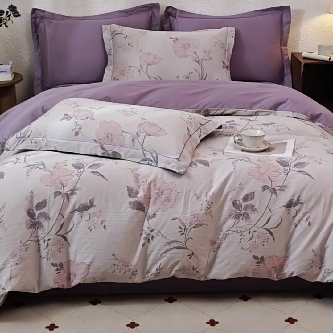 91家纺网 家纺一手货源 找家纺 曼秀琳家纺 2026新款全棉纯棉色织大提花四件套 兰横疏影-兰粉