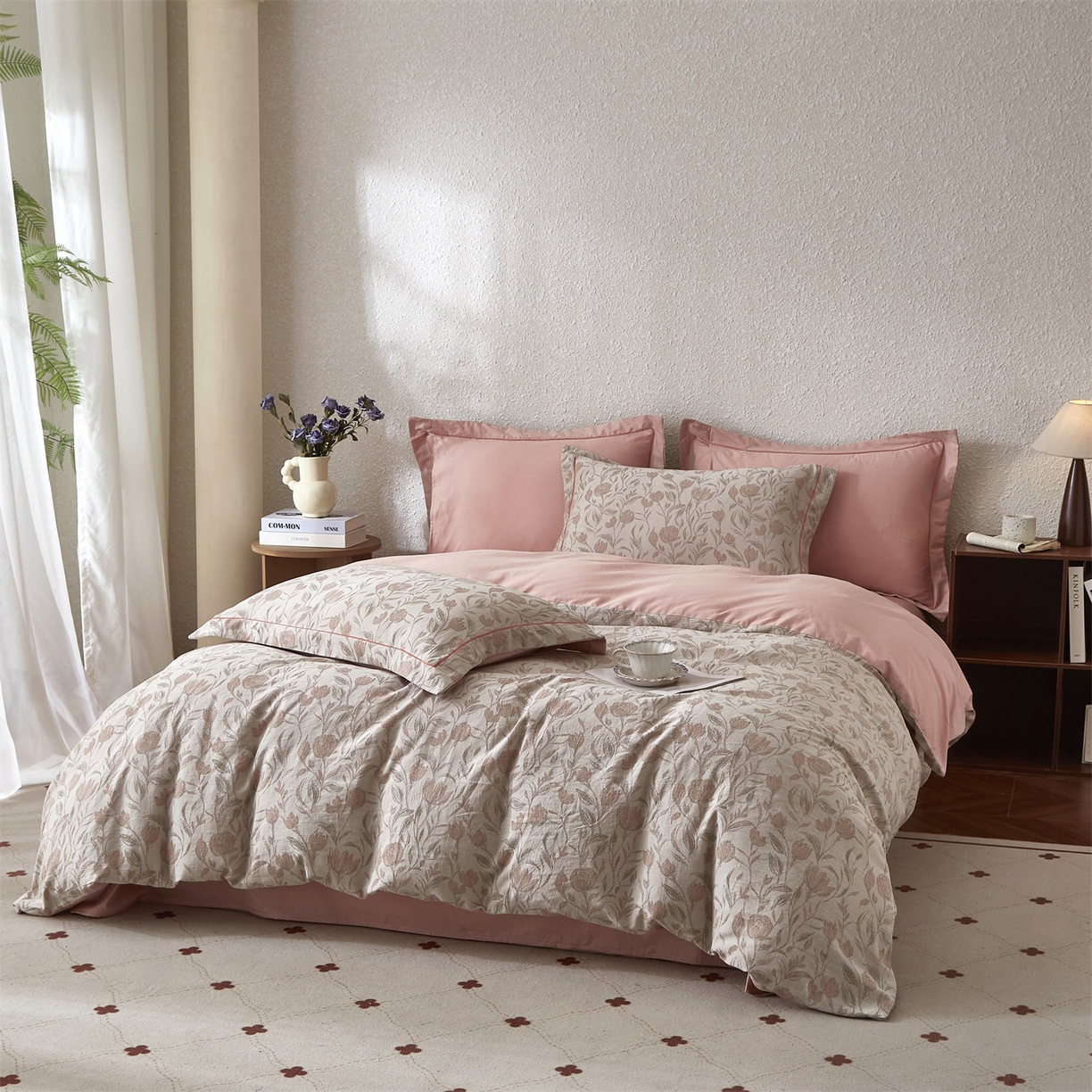 91家纺网 家纺一手货源 找家纺 曼秀琳家纺 2026新款全棉纯棉色织大提花四件套 南法假日-暗粉