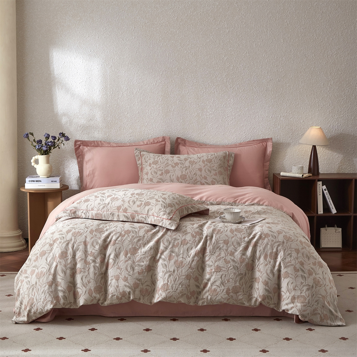 91家纺网 家纺一手货源 找家纺 曼秀琳家纺 2026新款全棉纯棉色织大提花四件套 南法假日-暗粉