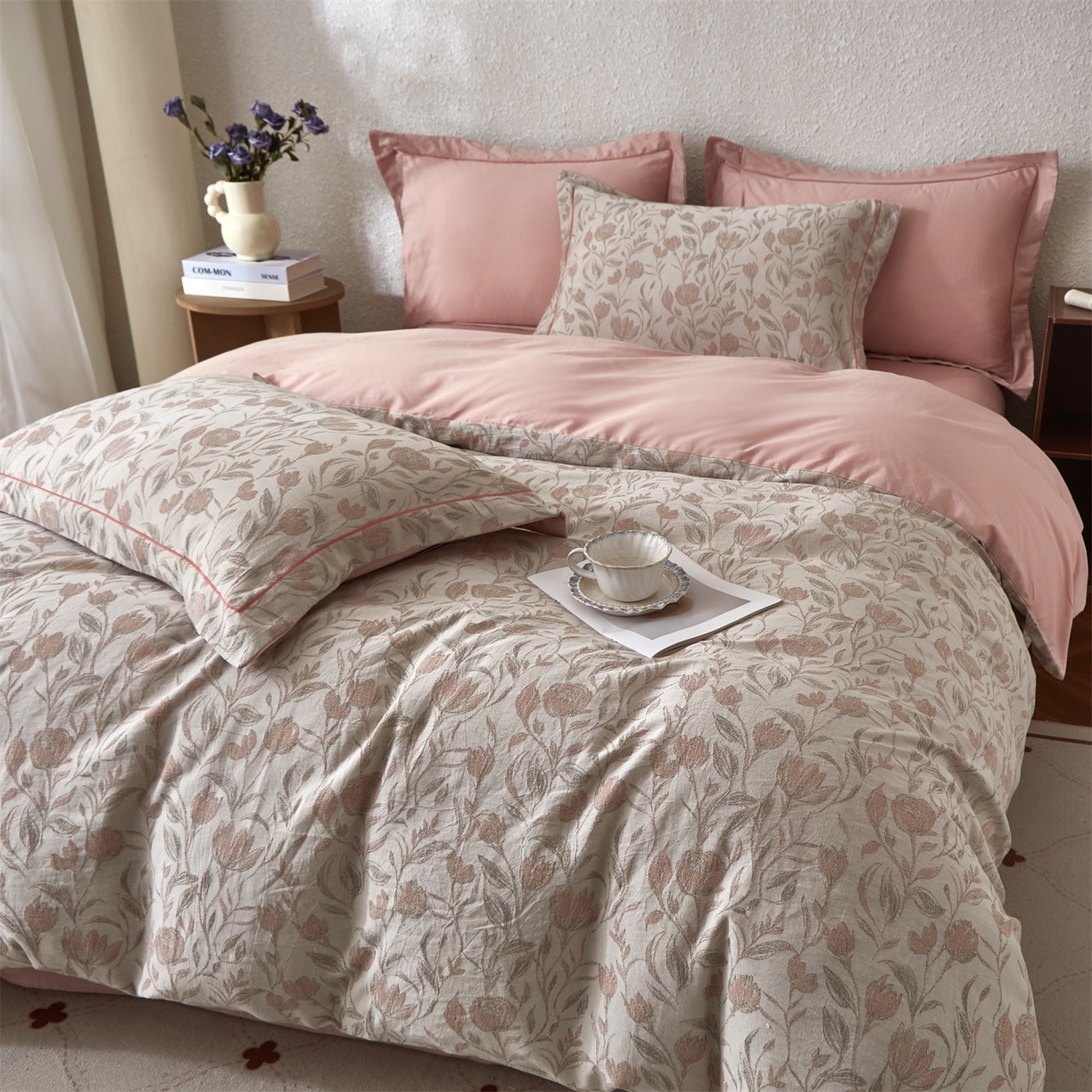 91家纺网 家纺一手货源 找家纺 曼秀琳家纺 2026新款全棉纯棉色织大提花四件套 南法假日-暗粉