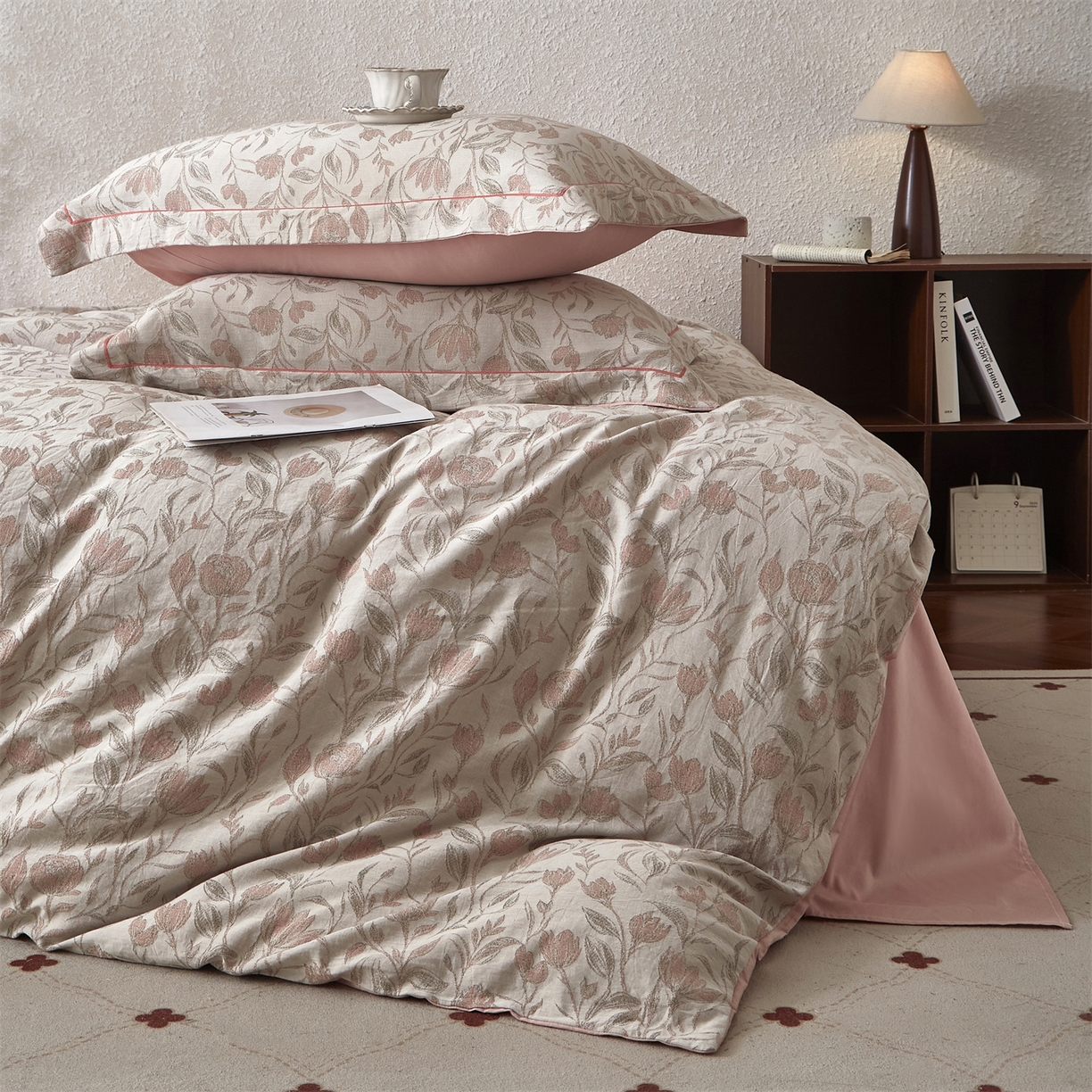 91家纺网 家纺一手货源 找家纺 曼秀琳家纺 2026新款全棉纯棉色织大提花四件套 南法假日-暗粉