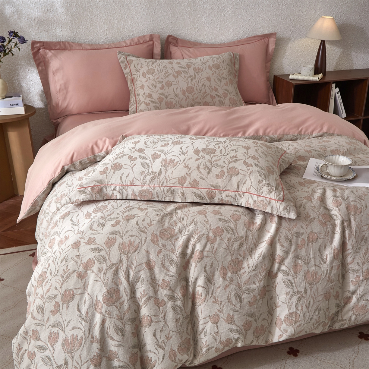 91家纺网 家纺一手货源 找家纺 曼秀琳家纺 2026新款全棉纯棉色织大提花四件套 南法假日-暗粉