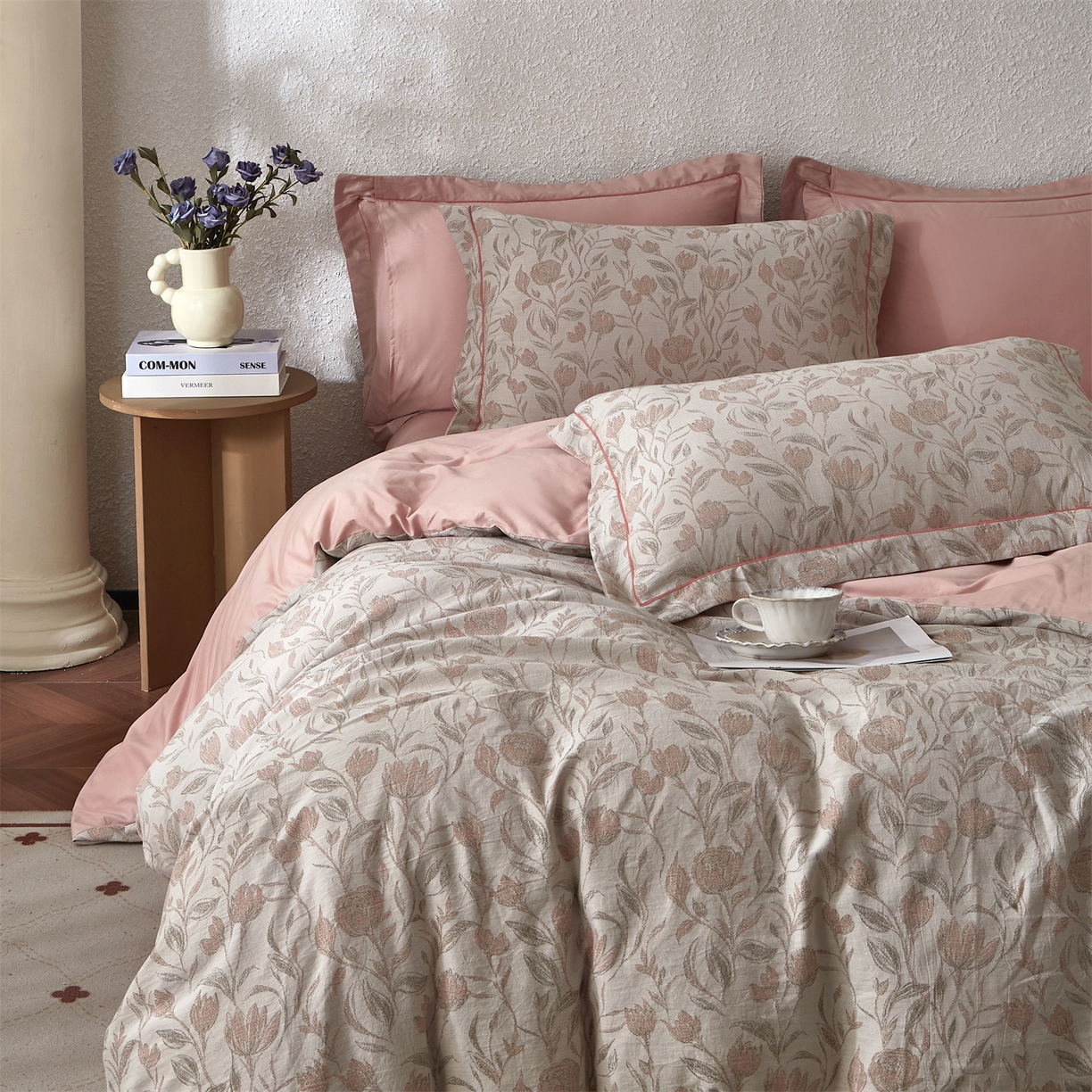 91家纺网 家纺一手货源 找家纺 曼秀琳家纺 2026新款全棉纯棉色织大提花四件套 南法假日-暗粉