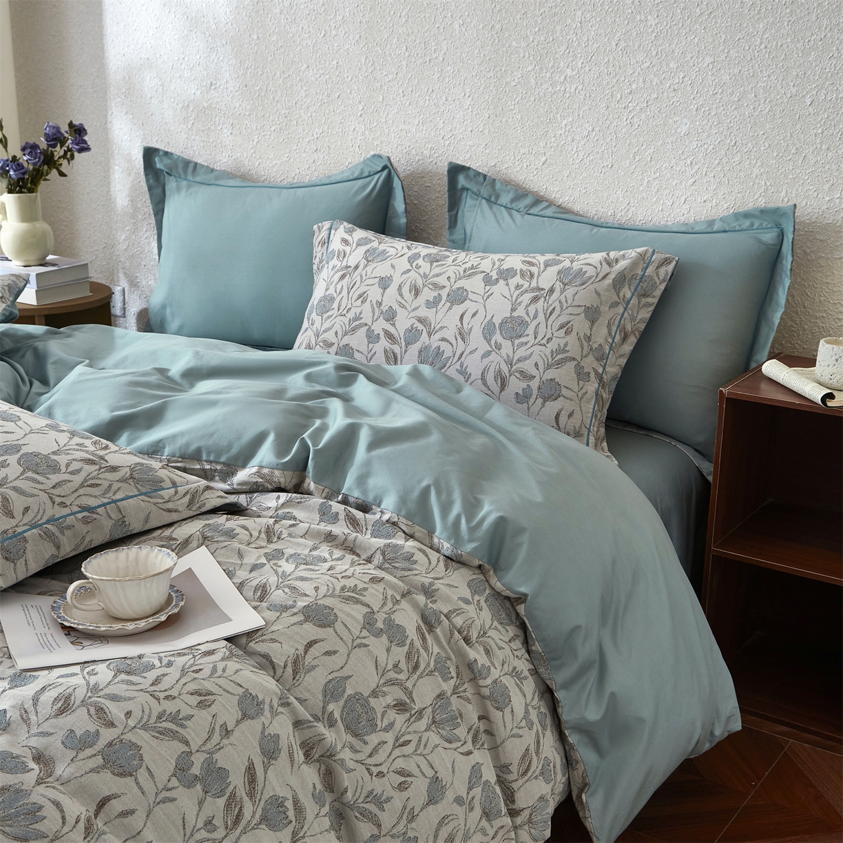 91家纺网 家纺一手货源 找家纺 曼秀琳家纺 2026新款全棉纯棉色织大提花四件套 南法假日-蓝