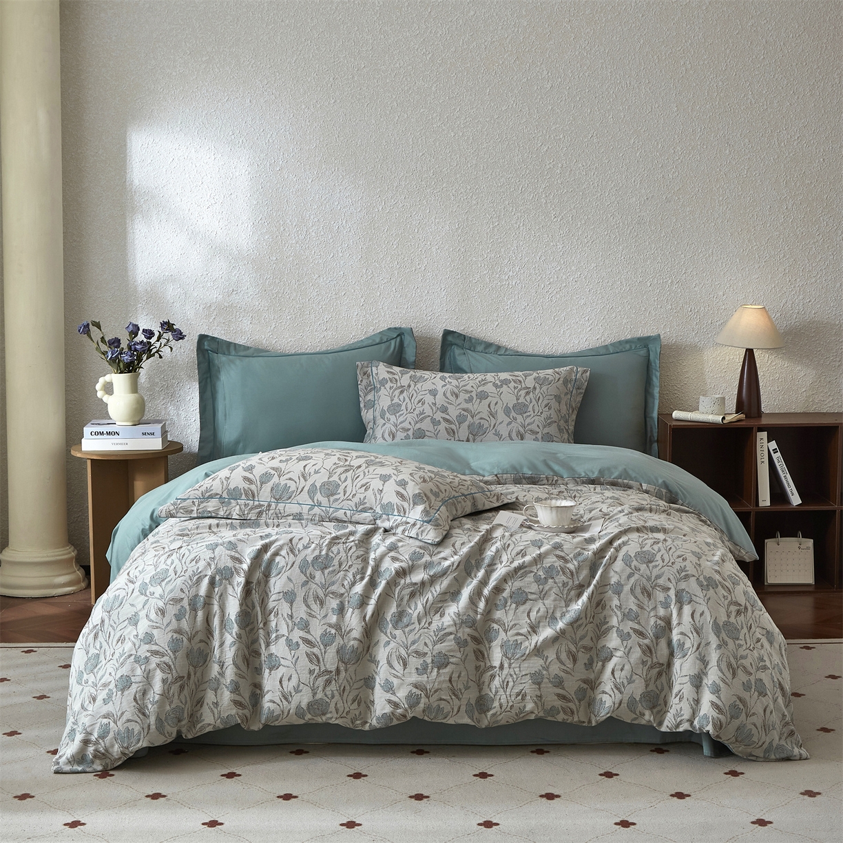 91家纺网 家纺一手货源 找家纺 曼秀琳家纺 2026新款全棉纯棉色织大提花四件套 南法假日-蓝