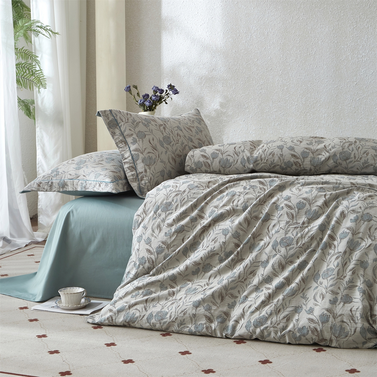 91家纺网 家纺一手货源 找家纺 曼秀琳家纺 2026新款全棉纯棉色织大提花四件套 南法假日-蓝