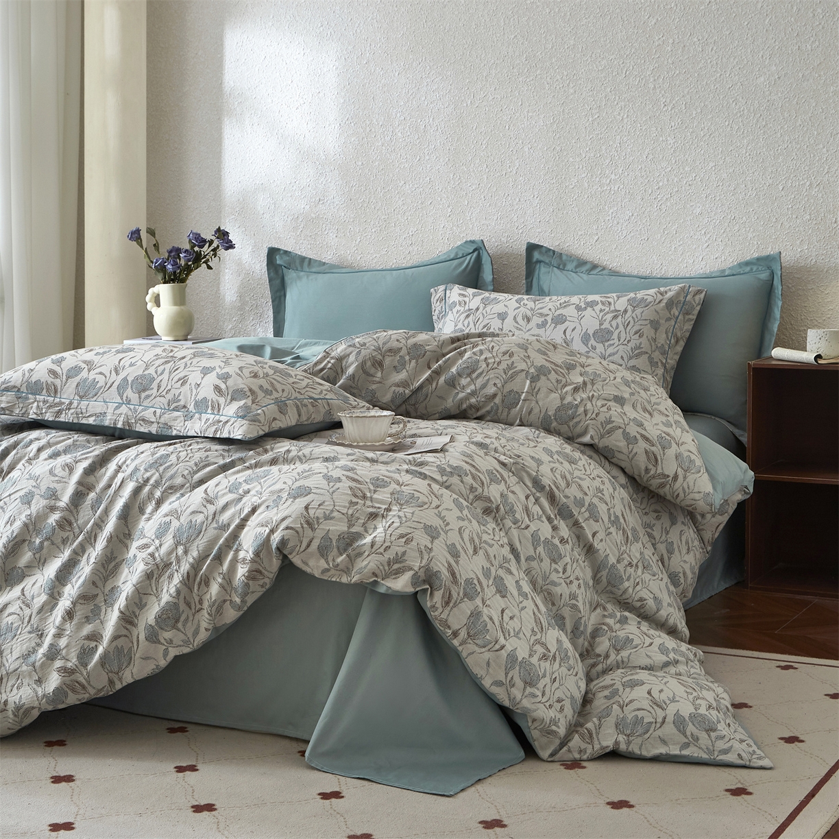 91家纺网 家纺一手货源 找家纺 曼秀琳家纺 2026新款全棉纯棉色织大提花四件套 南法假日-蓝