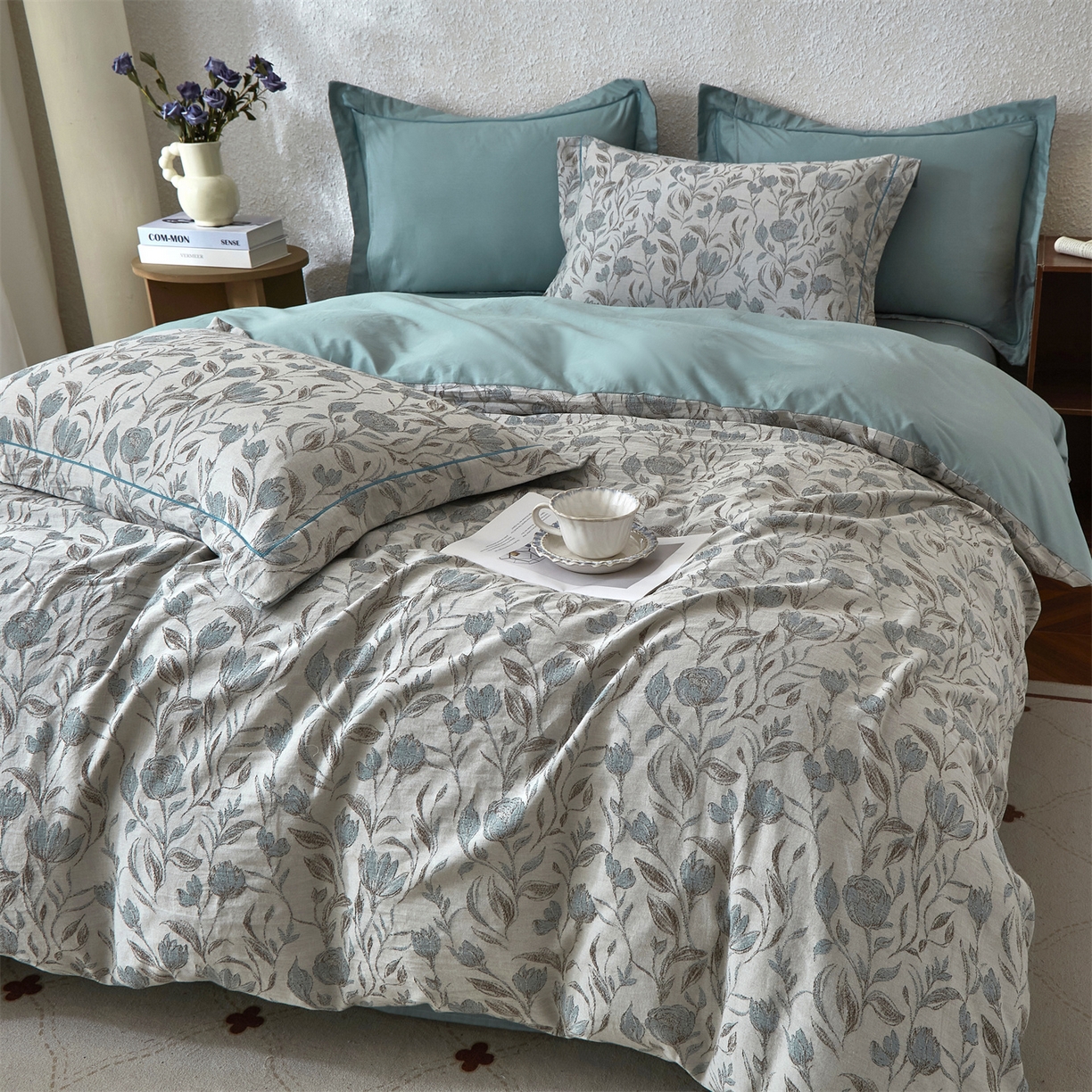 91家纺网 家纺一手货源 找家纺 曼秀琳家纺 2026新款全棉纯棉色织大提花四件套 南法假日-蓝