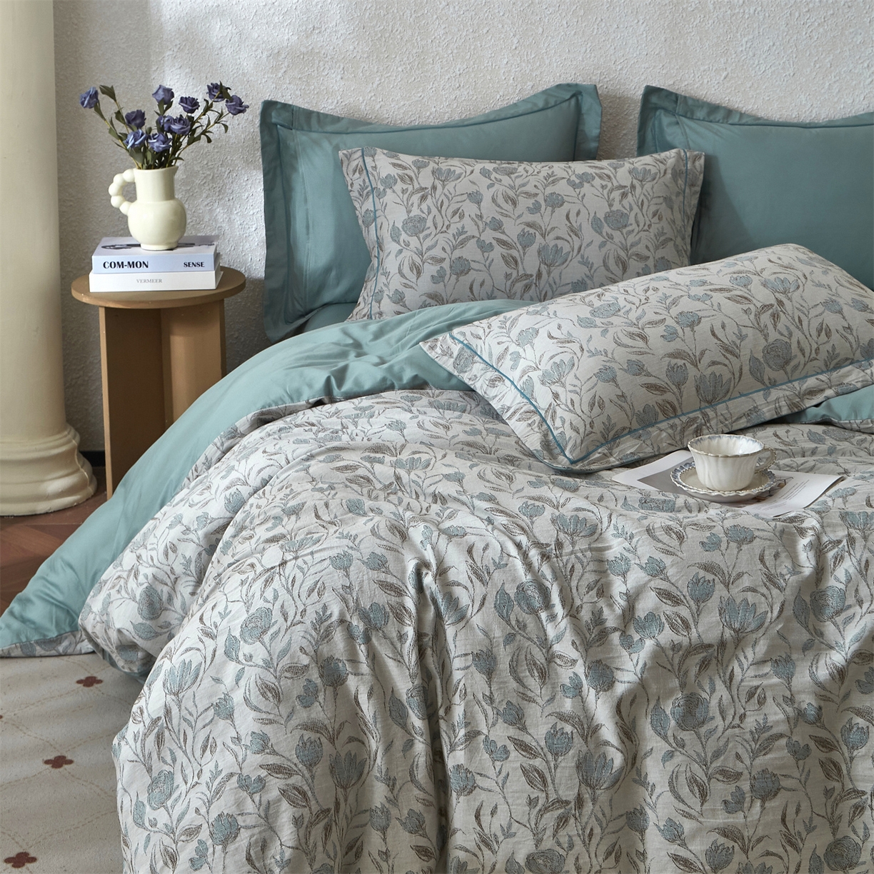 91家纺网 家纺一手货源 找家纺 曼秀琳家纺 2026新款全棉纯棉色织大提花四件套 南法假日-蓝