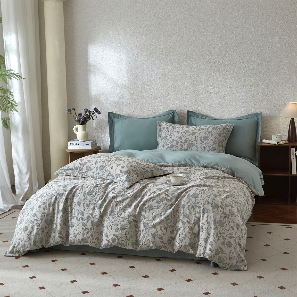 91家纺网 家纺一手货源 找家纺 曼秀琳家纺 2026新款全棉纯棉色织大提花四件套 南法假日-蓝