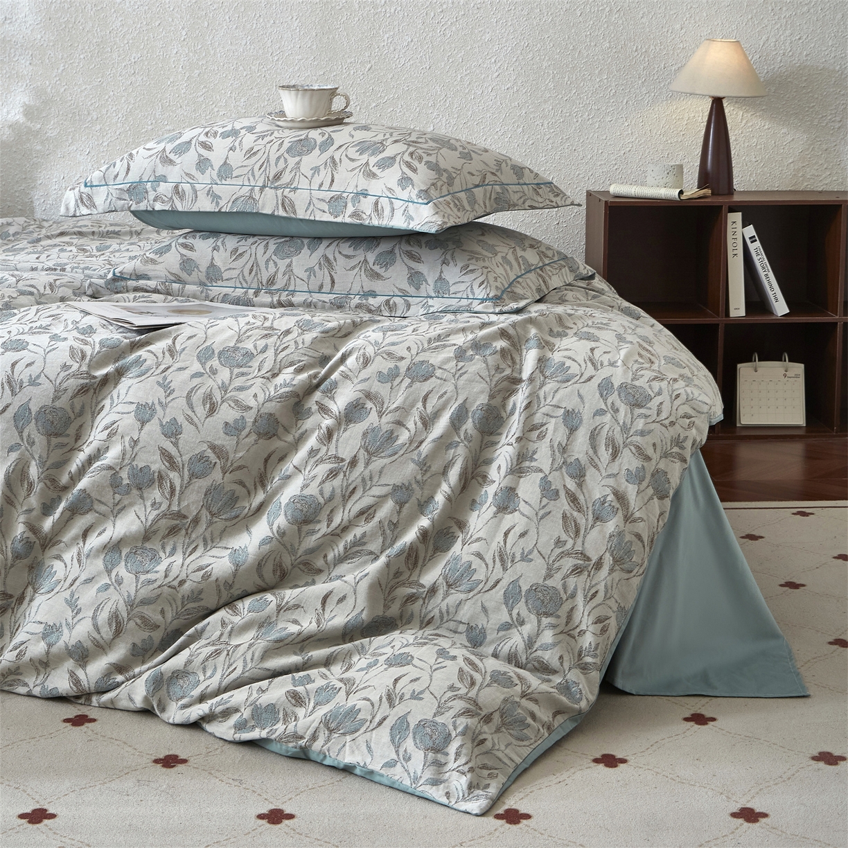 91家纺网 家纺一手货源 找家纺 曼秀琳家纺 2026新款全棉纯棉色织大提花四件套 南法假日-蓝