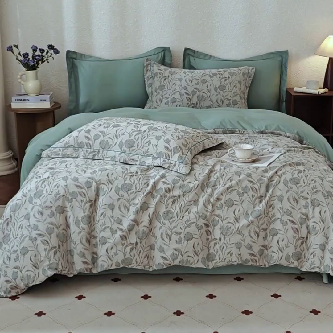 91家纺网 家纺一手货源 找家纺 曼秀琳家纺 2026新款全棉纯棉色织大提花四件套 南法假日-蓝