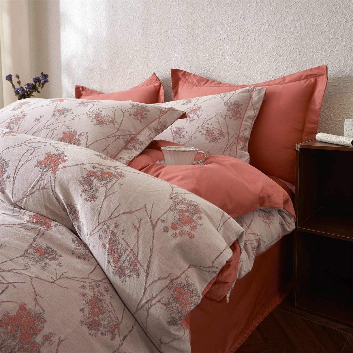 曼秀琳家纺 2026新款全棉纯棉色织大提花四件套 叶影-桔灰