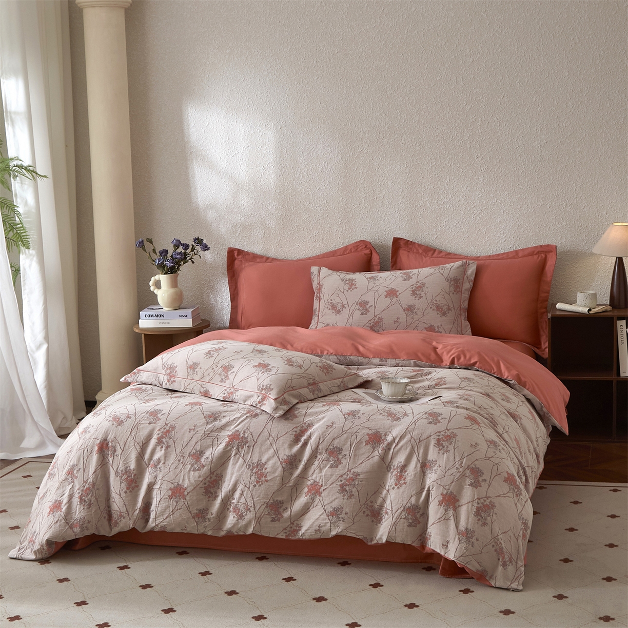 91家纺网 家纺一手货源 找家纺 曼秀琳家纺 2026新款全棉纯棉色织大提花四件套 叶影-桔灰