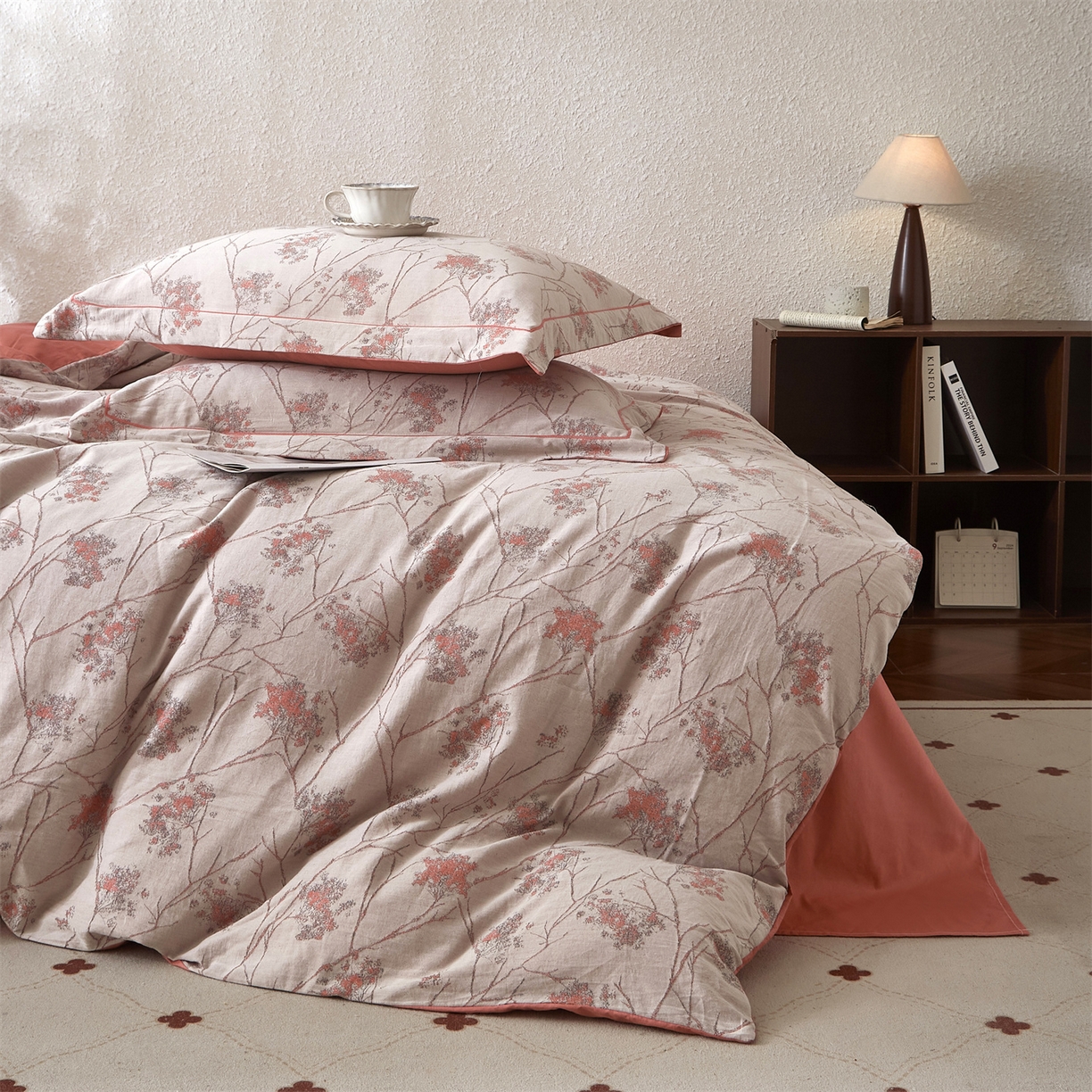 91家纺网 家纺一手货源 找家纺 曼秀琳家纺 2026新款全棉纯棉色织大提花四件套 叶影-桔灰