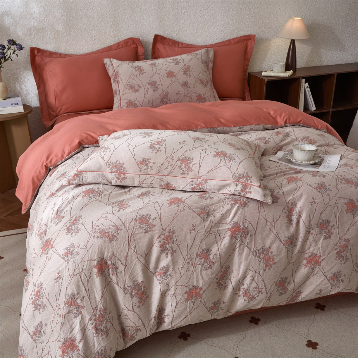 91家纺网 家纺一手货源 找家纺 曼秀琳家纺 2026新款全棉纯棉色织大提花四件套 叶影-桔灰