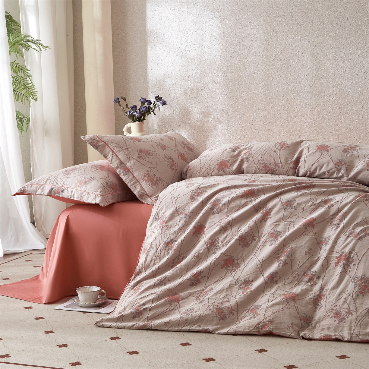 91家纺网 家纺一手货源 找家纺 曼秀琳家纺 2026新款全棉纯棉色织大提花四件套 叶影-桔灰