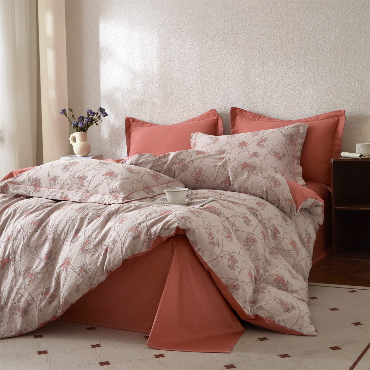 91家纺网 家纺一手货源 找家纺 曼秀琳家纺 2026新款全棉纯棉色织大提花四件套 叶影-桔灰