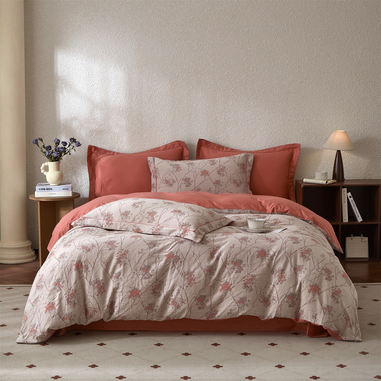 91家纺网 家纺一手货源 找家纺 曼秀琳家纺 2026新款全棉纯棉色织大提花四件套 叶影-桔灰