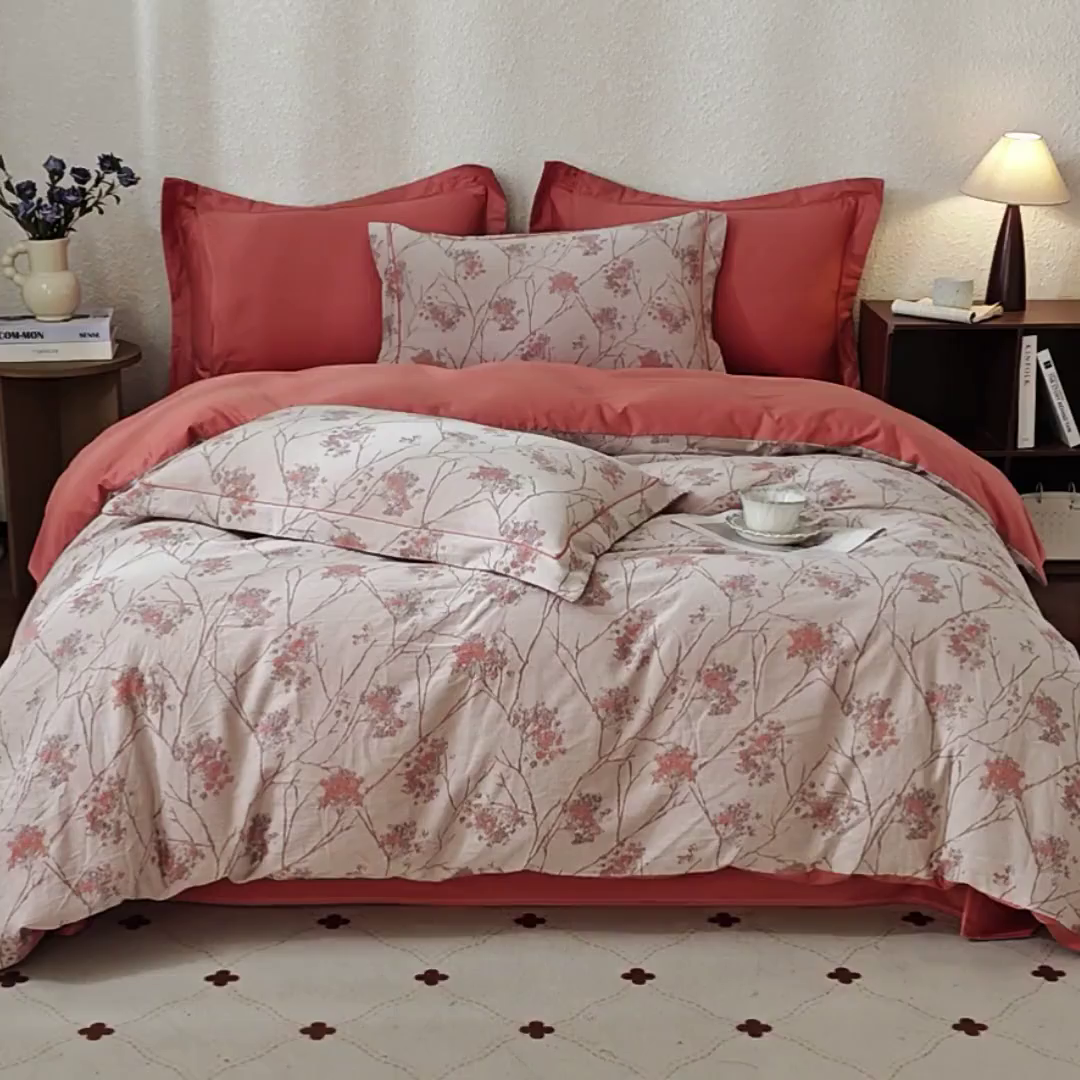 91家纺网 家纺一手货源 找家纺 曼秀琳家纺 2026新款全棉纯棉色织大提花四件套 叶影-桔灰