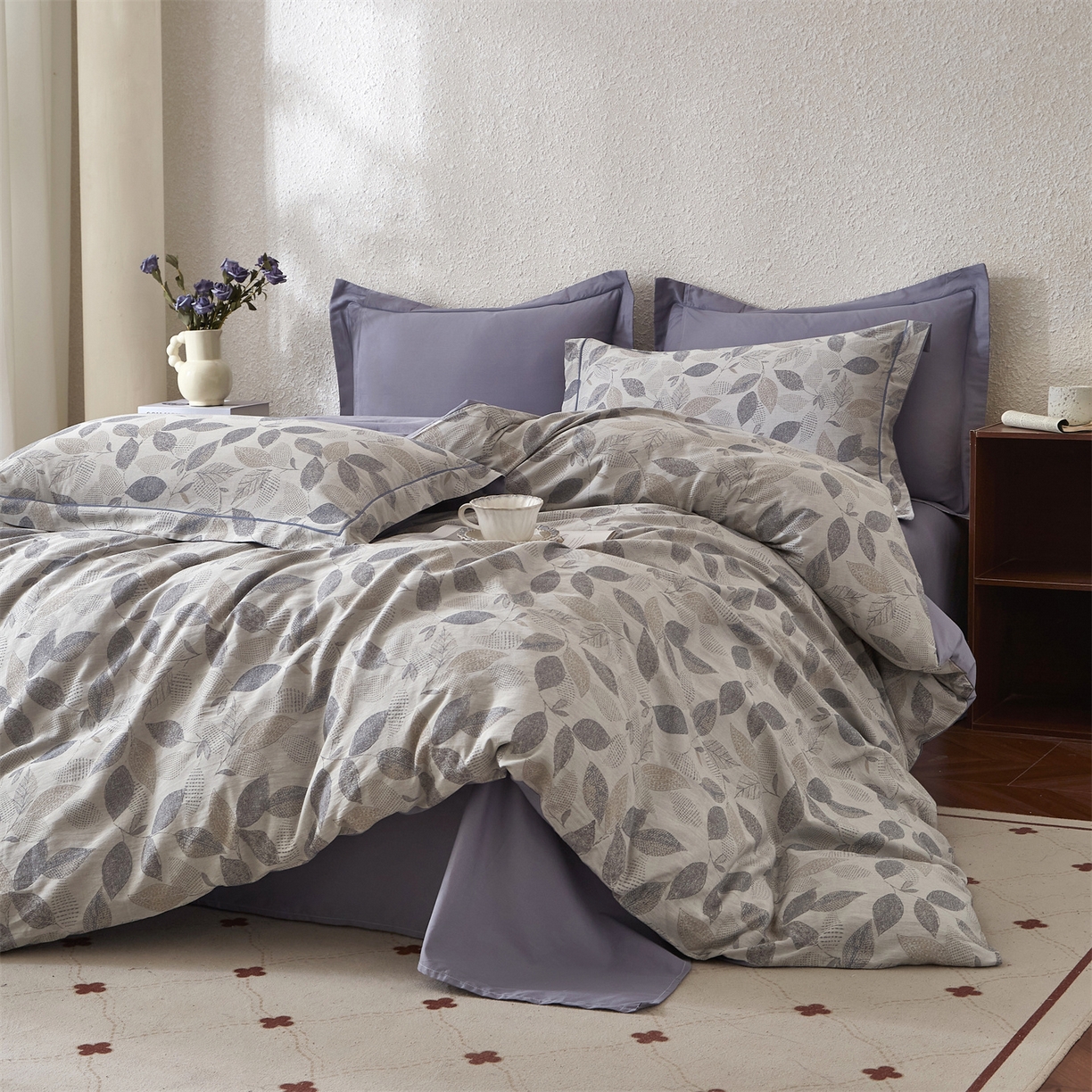 91家纺网 家纺一手货源 找家纺 曼秀琳家纺 2026新款全棉纯棉色织大提花四件套 叶云间-兰灰