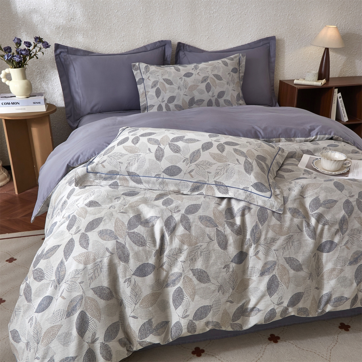 91家纺网 家纺一手货源 找家纺 曼秀琳家纺 2026新款全棉纯棉色织大提花四件套 叶云间-兰灰