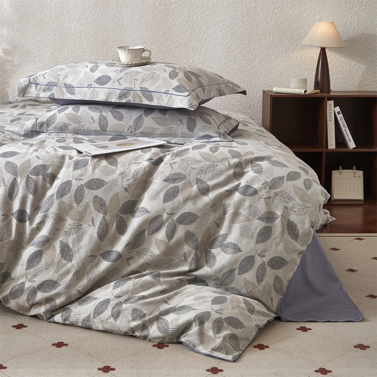 91家纺网 家纺一手货源 找家纺 曼秀琳家纺 2026新款全棉纯棉色织大提花四件套 叶云间-兰灰