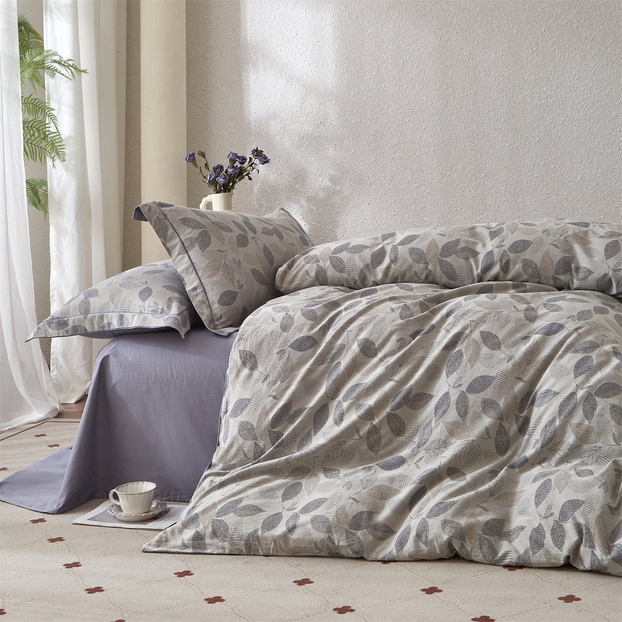 91家纺网 家纺一手货源 找家纺 曼秀琳家纺 2026新款全棉纯棉色织大提花四件套 叶云间-兰灰