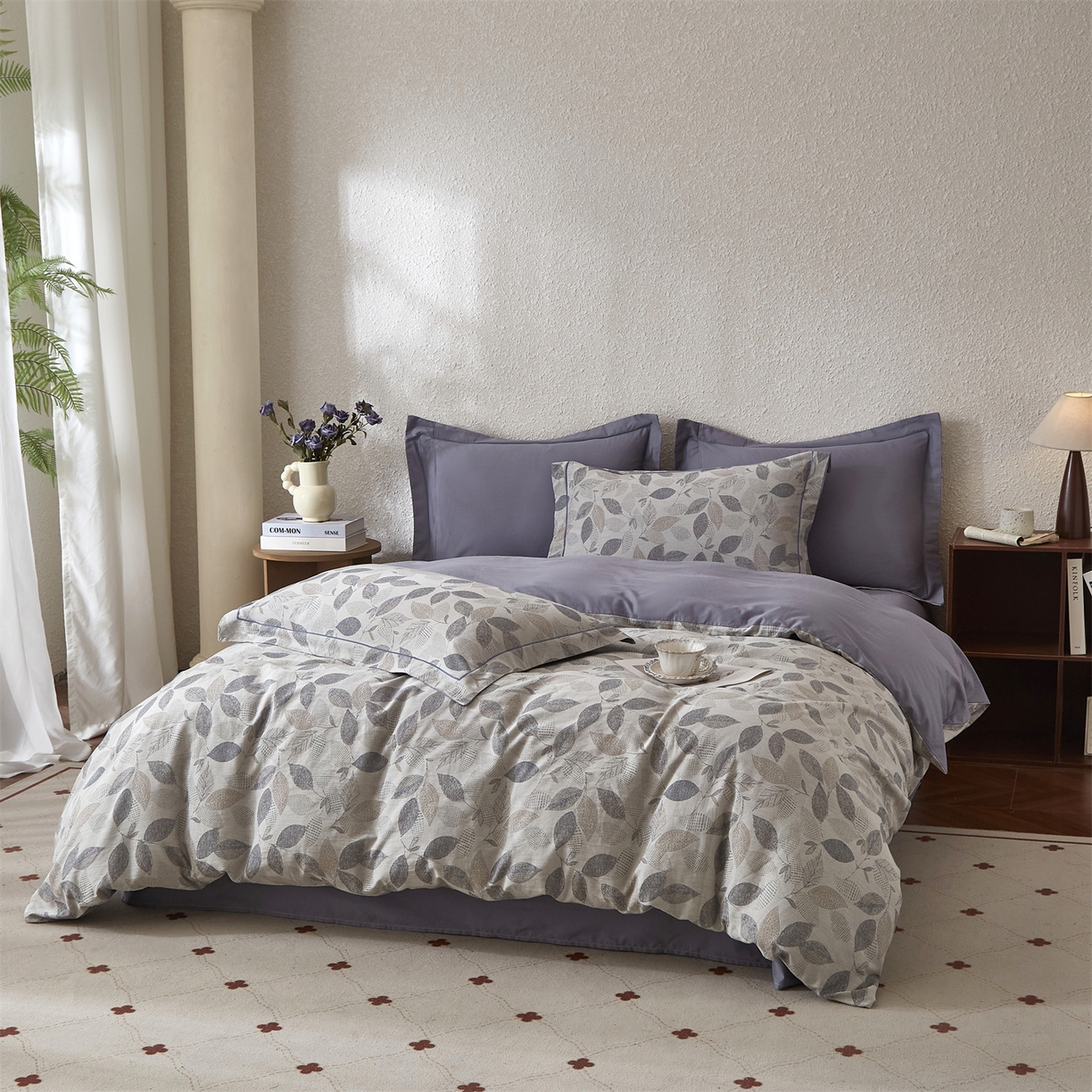 91家纺网 家纺一手货源 找家纺 曼秀琳家纺 2026新款全棉纯棉色织大提花四件套 叶云间-兰灰