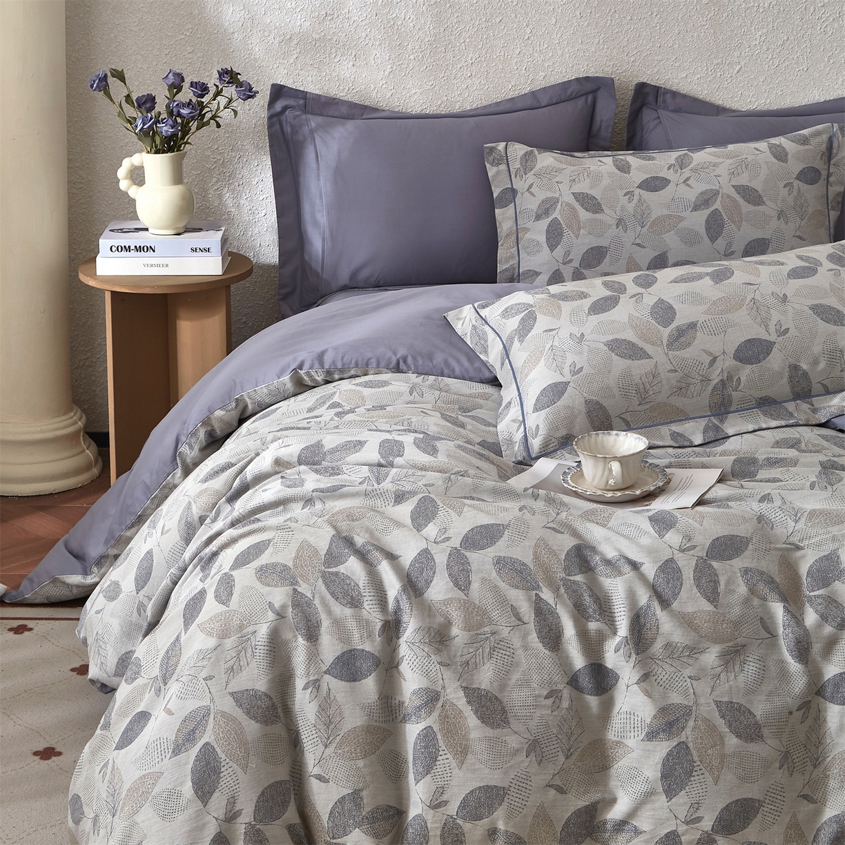 91家纺网 家纺一手货源 找家纺 曼秀琳家纺 2026新款全棉纯棉色织大提花四件套 叶云间-兰灰