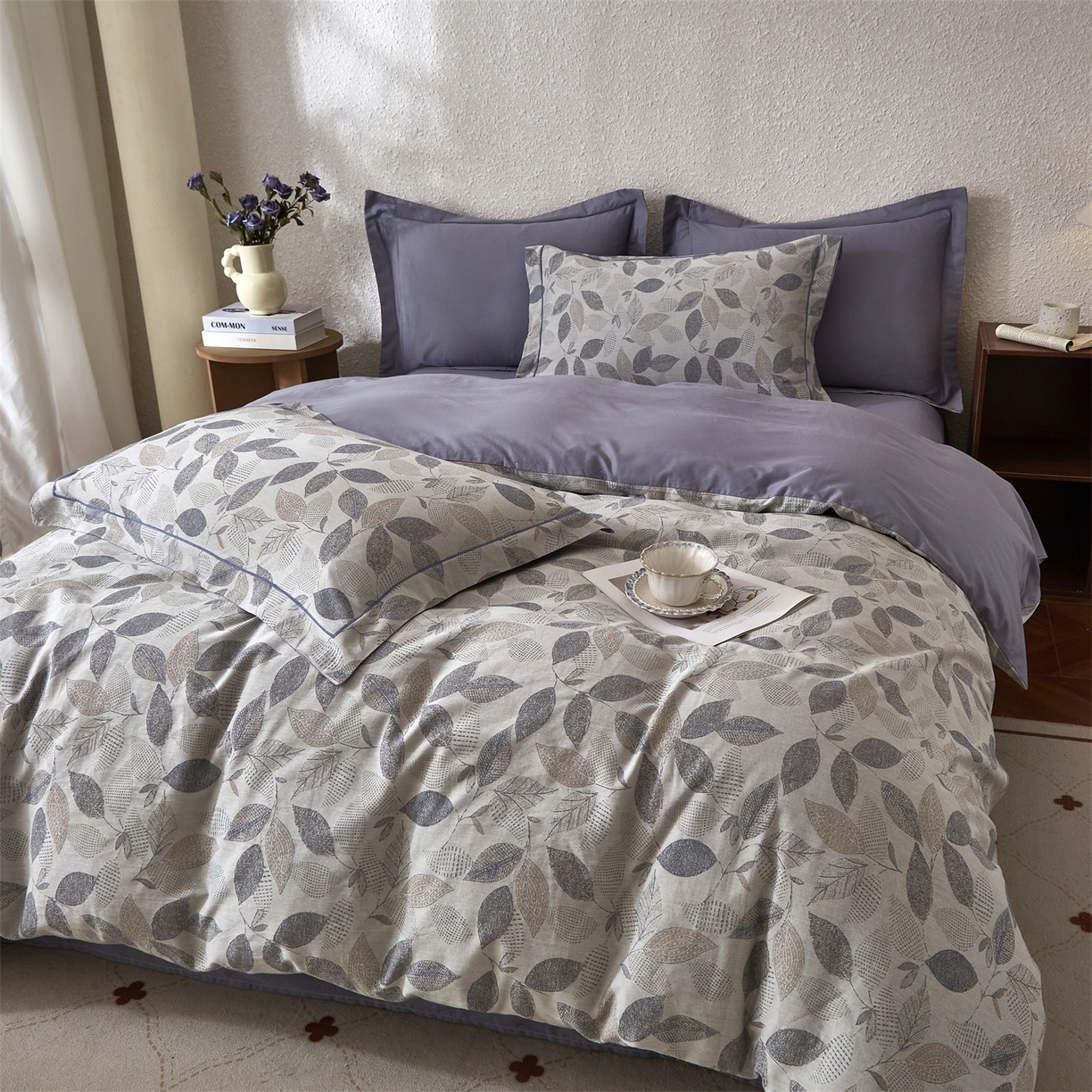 91家纺网 家纺一手货源 找家纺 曼秀琳家纺 2026新款全棉纯棉色织大提花四件套 叶云间-兰灰