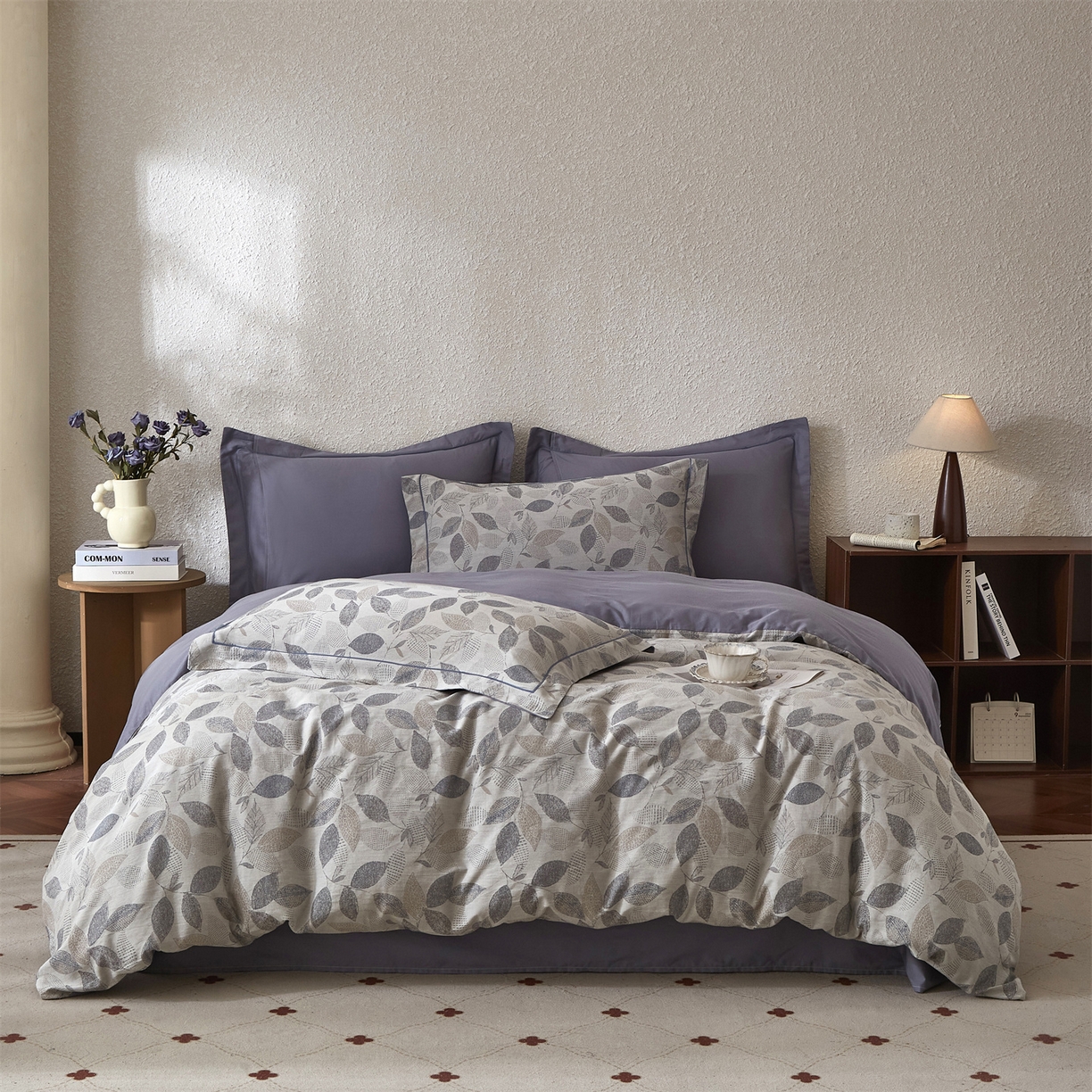 91家纺网 家纺一手货源 找家纺 曼秀琳家纺 2026新款全棉纯棉色织大提花四件套 叶云间-兰灰