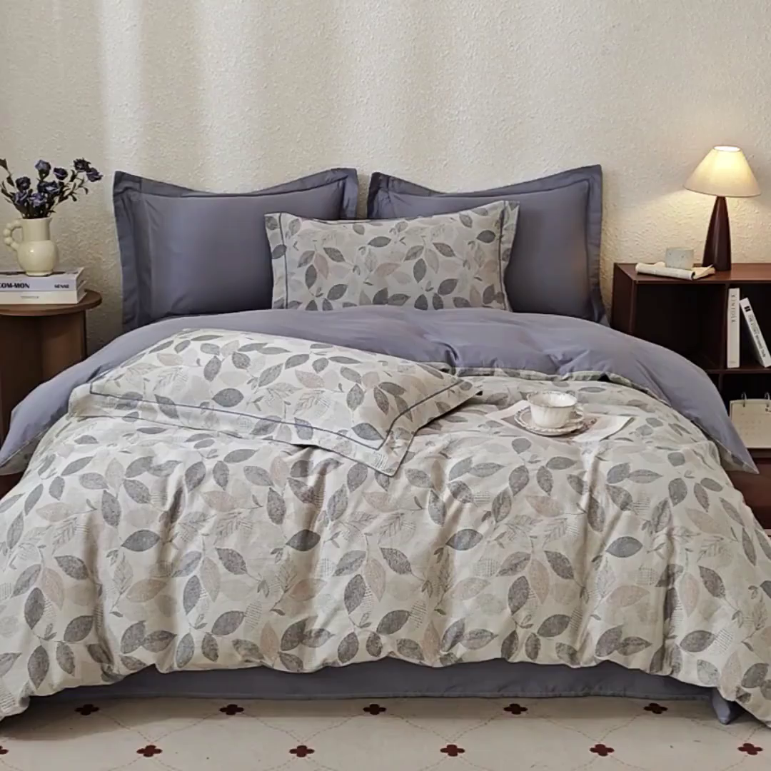 91家纺网 家纺一手货源 找家纺 曼秀琳家纺 2026新款全棉纯棉色织大提花四件套 叶云间-兰灰