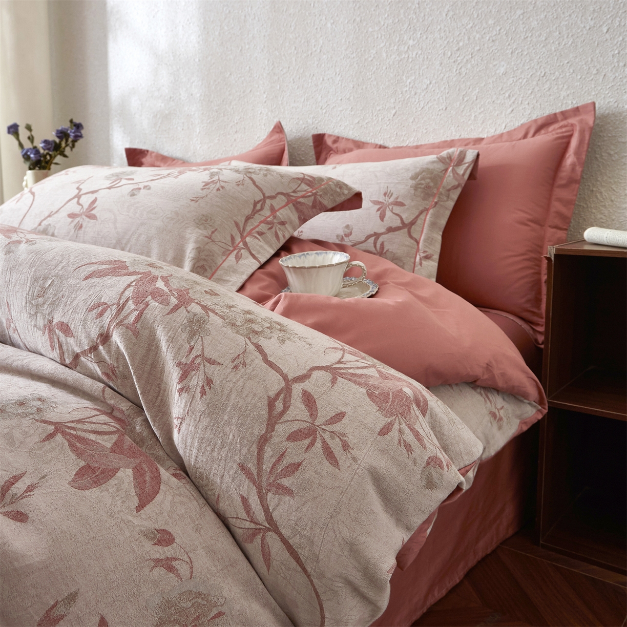 曼秀琳家纺 2026新款全棉纯棉色织大提花四件套 竹花意-粉咖