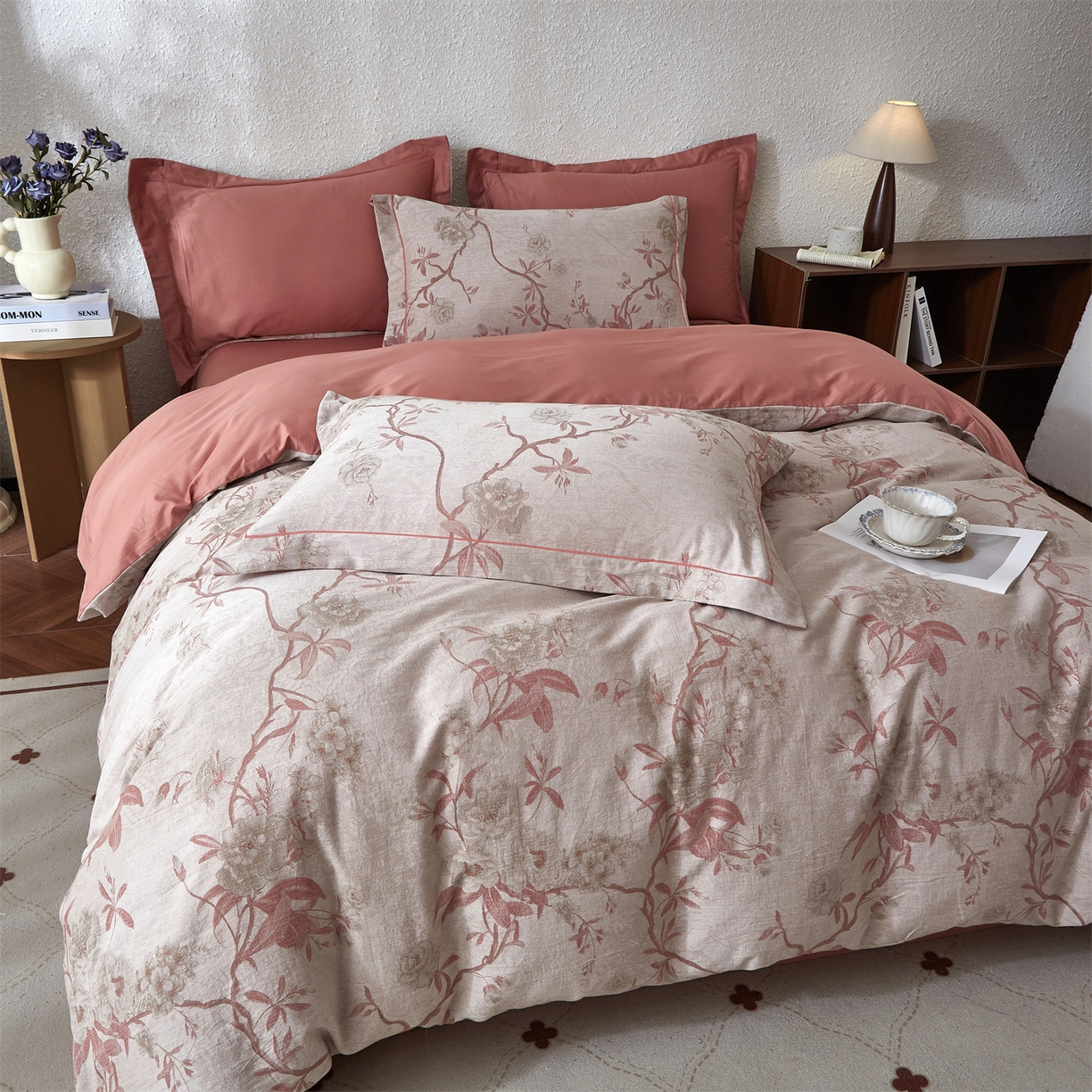 91家纺网 家纺一手货源 找家纺 曼秀琳家纺 2026新款全棉纯棉色织大提花四件套 竹花意-粉咖